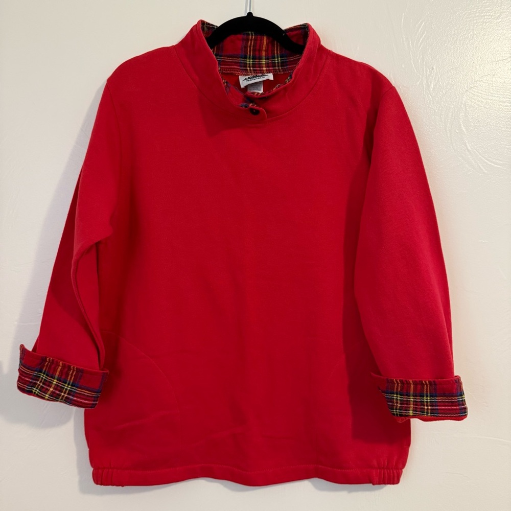 Women’s Vintage Grandmacore Tunic Sweatshirt Red with plaid flannel Size Medium